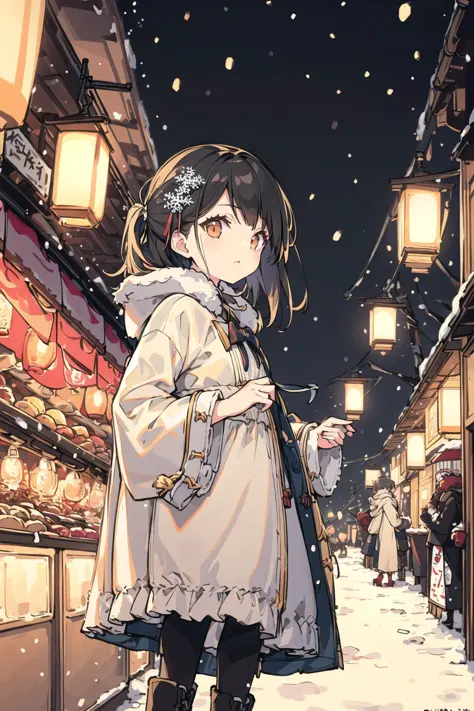 masterpiece, (best quality), (ultra-detailed:1.4), original character, portrait of a young woman standing in a busy winter night...