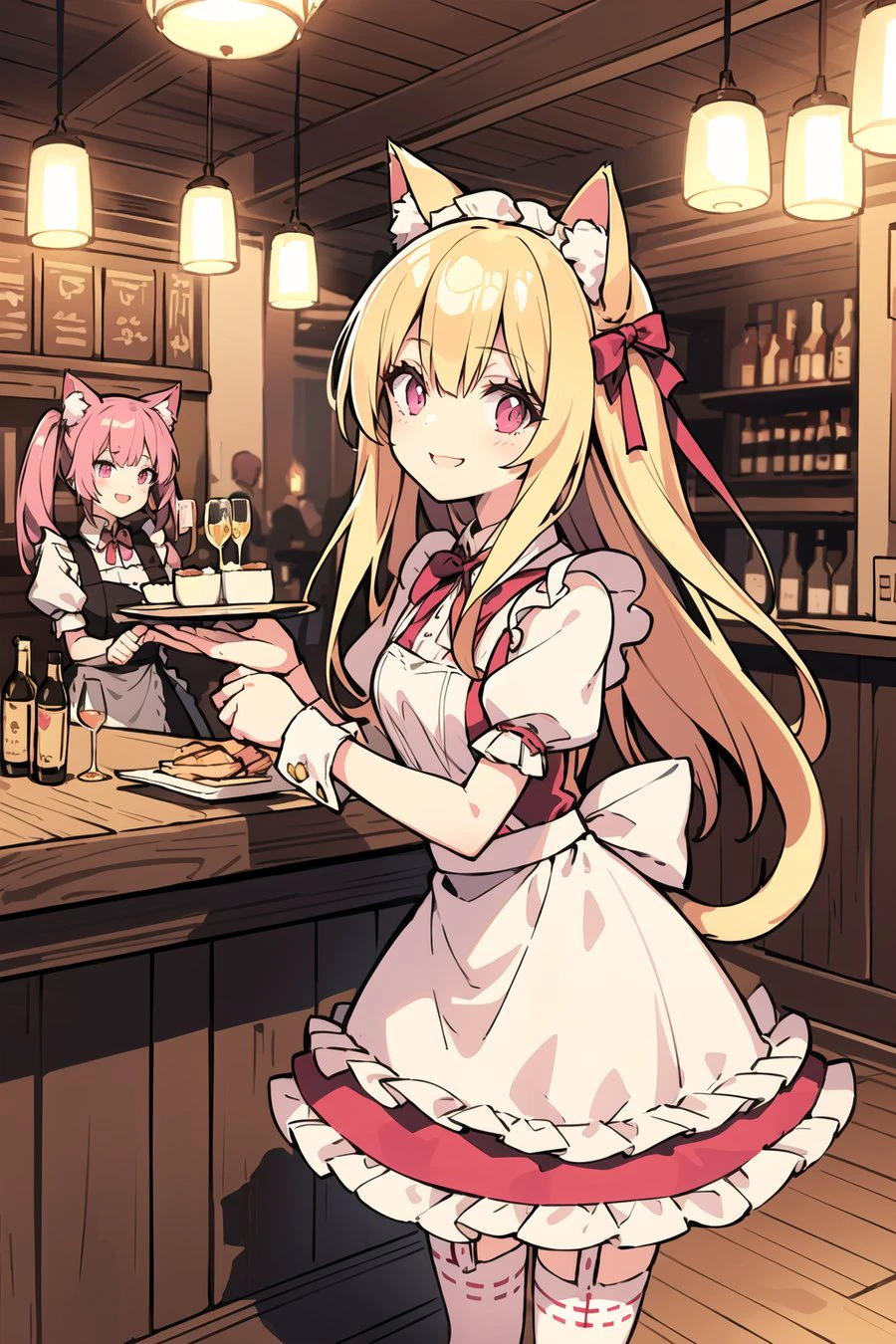 masterpiece, best quality, ultra-detailed, original characters, portrait of a young catgirl maid smiling with cute pink eyes, long blonde hair with cat ears and pink ribbon, pink and white maid outfit with lace and frills, short skirt showing white stockings and garters. Background is a tavern setting with wooden tables and chairs covered with red tablecloths and cushions, barrels and bottles of various drinks on the shelves and the floor, customers and staff of different races and outfits chatting and laughing, candlelight creating a warm glow on the walls and the ceiling. Cozy atmosphere with music playing from a jukebox in the corner. Overall pink and brown color theme giving a warm, sweet and lovely feeling. (holding a tray with drinks: 1.05), (cat tail swinging behind her: 1.1)