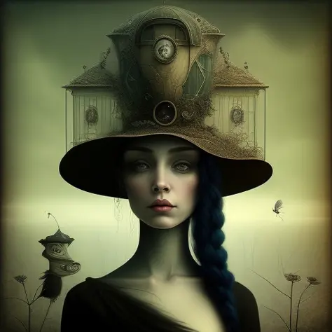 (surrealsteampunkai)++, a portrait picture of a woman with a hat on