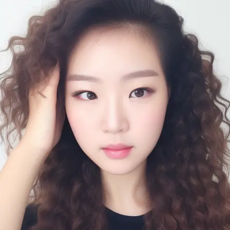 1girl, half korean,  half german, round  face, curly mid length hair,  portrait, youtube video, realistic, photograph, makeup,  ...