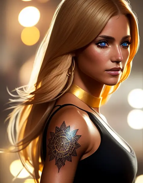 woman-with-golden-hair-hazel-eyes-tanned-skin-with-frekkles-glowing tattoos arm, trending on artstation, sharp focus, studio photo, intricate details, highly detailed, by greg rutkowski