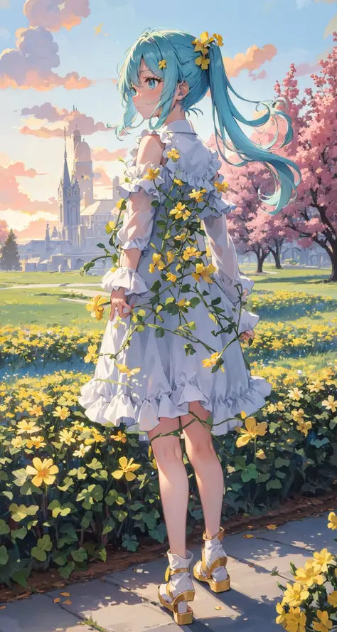 masterpiece:1.4, best_quality:1.4, yellow flower plain, Full body, short twintail, (light blue hair), white shirts with pink clover pattern and gold trim, (short green skirt), dawn sky, plenty cloud, waist on wings, shooting star, acient tower seen from afar