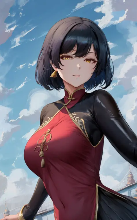 (full_body), (flying), chinese clothes, china dress, (shiny_skin), black hair, (floating_hair), yellow eyes, cinematic, clouds, ...