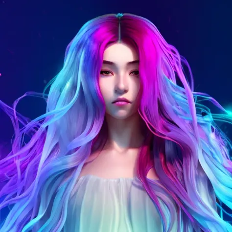 1 girl, solo, portrait , digital illustrated,  flowing hair, glowing rainbow hair,     night,  red_moon, looking at the camera , looking_at_viewer, ring lighting, rim lighting, trending on artstation,  wlop,  dsktaro1