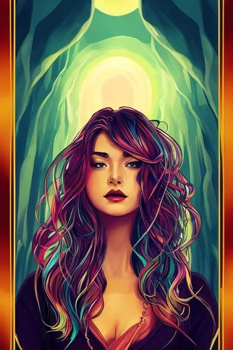 tarot card style, 1 girl, solo, portrait , digital illustrated,  flowing hair, glowing rainbow hair,     night,  red_moon, looking at the camera , looking_at_viewer, ring lighting, rim lighting, trending on artstation,  wlop,  dsktaro1