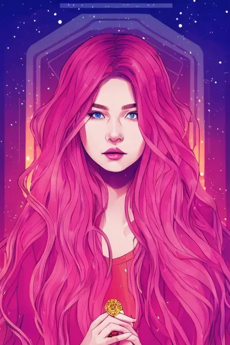 tarot card style, 1 girl, solo, portrait , digital illustrated,  flowing hair, glowing rainbow hair,     night, pastel , looking at the camera , looking_at_viewer, ring lighting, rim lighting, trending on artstation,  wlop,  dsktaro1