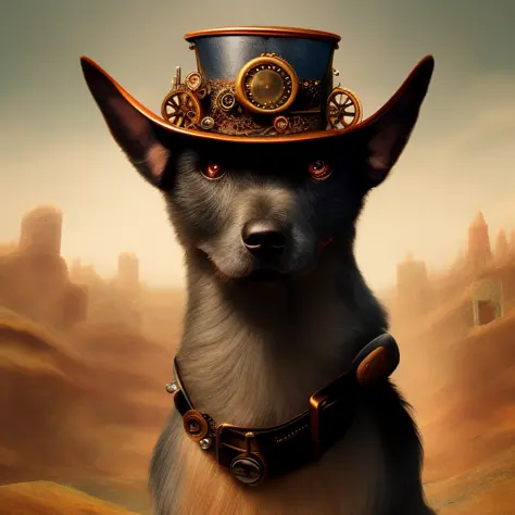 oldjourney a dog with a tiny top hat and steampunk goggles on its head and a steampunk collar, matte painting, insanely detailed...