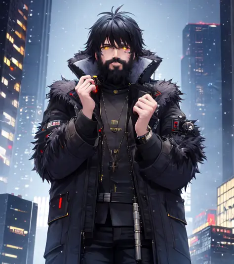 Stadt, cyberpunk, Nacht, Wolkenkratzer, Fellschnitt, Es schneit, Hände
1 Junge, Anime-Serie, männlicher Fokus, Bart, beste Qualität, schwarzes Haar, highres, nazipunk, doompunk, biopunk