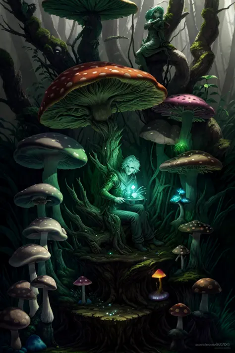 man, close-up, fantasypunk, sunlight, engraving, forest, magic, glowing symbols, statue, mushrooms, glowing moss,