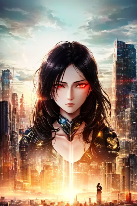 portrait of an attractive female (cyborg:1.5) with (glowing(red(eyes))), (jetblack (hair)), Kasumi \(Dead or Alive\), perfect physique, (serious:1.25), symmetrical features, statuesque babe, (tomboy:1.1), (washboard:1.1) (breasts:0.9), flat toned abs, (cybernetics:1.1), (cyberpunk (city skyline):1.2), (face focus:1.1), anime character, detailed, vibrant, anime face, sharp focus, character design, art by (0W0S00q:1.1) and (eY)b:1.1) and (0B00j:1.1), character design, unreal engine, (masterpiece, high quality, intricate, highly detailed, trending on artstation, sharp focus, 2k, 4k, 8k, hdr, highres, absurdres, best quality, sharp, smooth, cinematic lighting, concept art, detailed background, professional, epic, award - winning, very detailed, highest quality, ultra-detailed, extremely detailed, powerful impression, hyperdetailed, hyperrealistic, hypermaximalist, extremely intricate, wallpaper, CG, unity, painterly, detailed drawing, official art, polished, high-definition, illustration, plz genrate good image plz plz plz, <ߨ, by greg rutkowski)<hypernet:rkzrok:1.0>