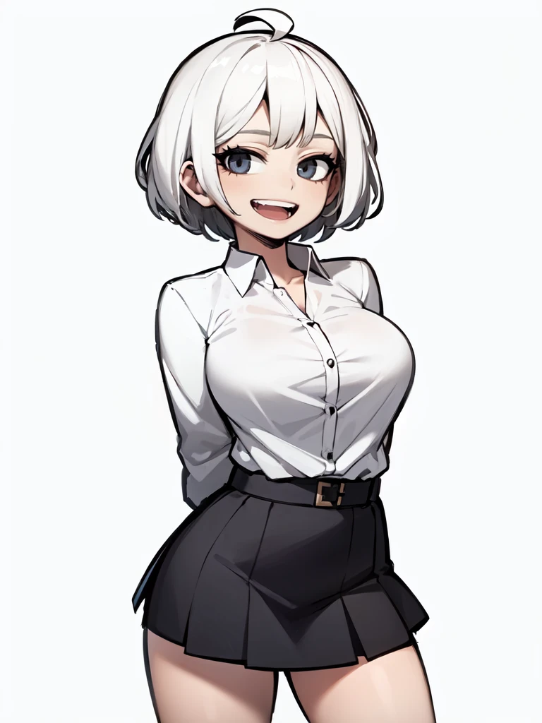 ((masterpiece, best quality)), (1girl), (solo), (female focus), (ahoge, white hair, short hair), black eyes, light smile, open mouth, ((white shirt), (buttoned shirt), (button gap)), ((black skirt), (short skirt)), standing, white background, arms behind back, dynamic angle