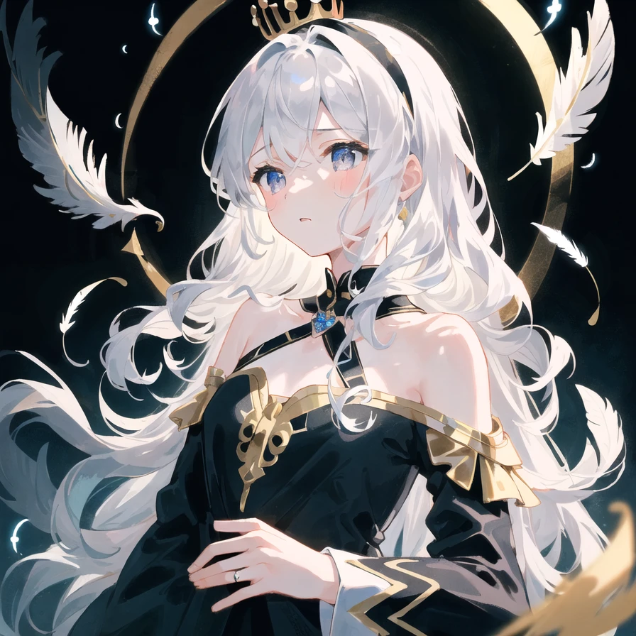 (((mAsterpiece))),best quAlity, illustrAtion,(beAutiful detAiled girl), A girl ,独自的,bAre shoulders,flAt_胸部,diAmond And glAring eyes,beAutiful detAiled cold fAce,very long blue And sliver hAir,floAing blAck feAthers,wAvy hAir,blAck And white sleeves,gold And sliver fringes,A (blAckhole) 在女孩的身后,A silver triple crown inlAid with obsidiAn,(stAnd) on  the blAck ((mountAin)), (深度) 的 (场地),