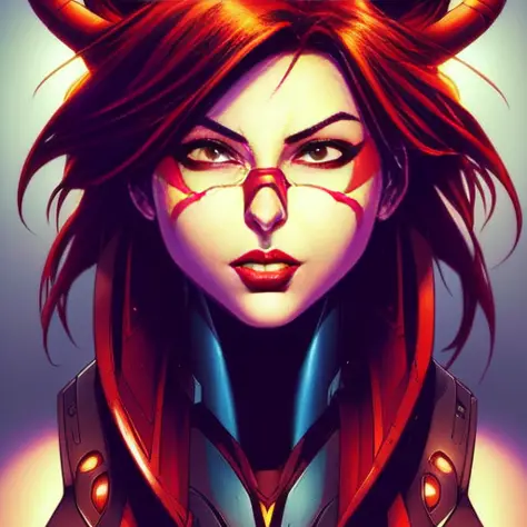 comic book style, joe madureira style line art, extremely attractive female  ,   bright red eyes, proud expression,  perfect fac...