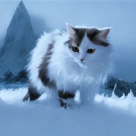 detailed portrait of (mloctst) cat exploring a frozen fjord, by craig mullins, concept art, intricate, sharp focus, digital painting, unreal engine, cgsociety, neoclassical, cinematic, highly detailed, incredible lighting, fluffy tail, winter