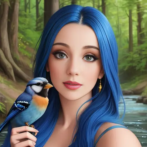 (((close up))) portrait of a beautiful blue haired woman, wearing a long flowing blue gown, holding a bluejay bird, in the mountains with a stream, orange flowers, yellow flowers, large trees, realistic, hdr, 4k, portrait of a naked red haired woman holding a cardinal bird, in a forest with a large waterfall, large trees, realistic, hdr, 4k