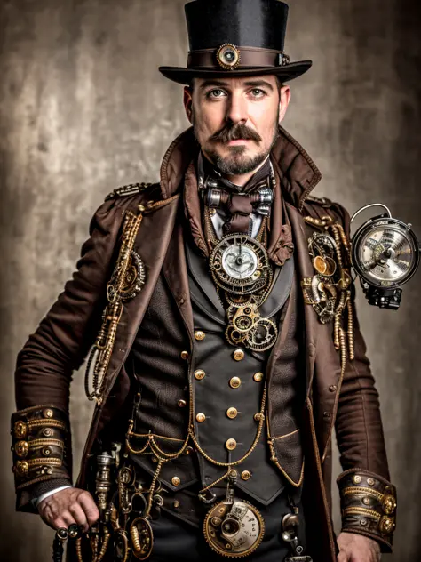photo of a steampunk man, photorealistic, sharp, focused, centered, extreme deailed, HD, 8k, DSLR, RAW, full body shot, zoomed out, maximalist, ornate