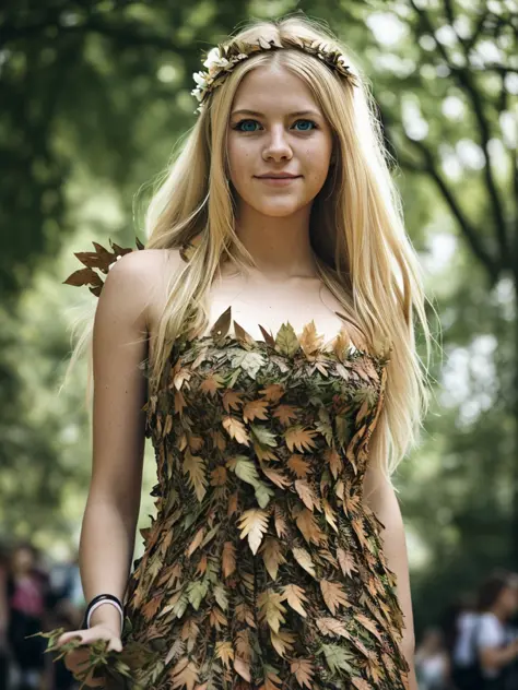 Candid shot of a pretty  blonde activist, who is wearing a dress made of leaves, in the midst of a Save Nature rally, full body portrait, natural light, wide angle, hard lighting, fluttering leaves, detailed and textured skin, determined look on her face, flowers in her hair, photo realistic, all in a RAW format shot with an iPhone, ideal for Instagram photography.