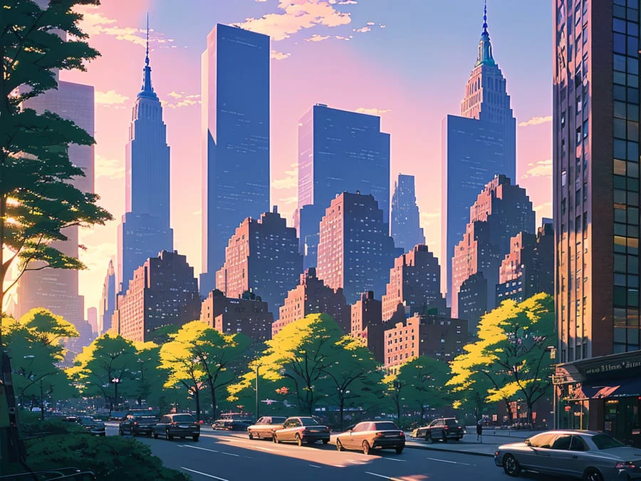 sonho fantasia cidade de nova york, mais verdes, paisagem, moderno, pôr do sol, crepúsculo, perspectiva, vista da rua, Arte de Makoto Shinkai
