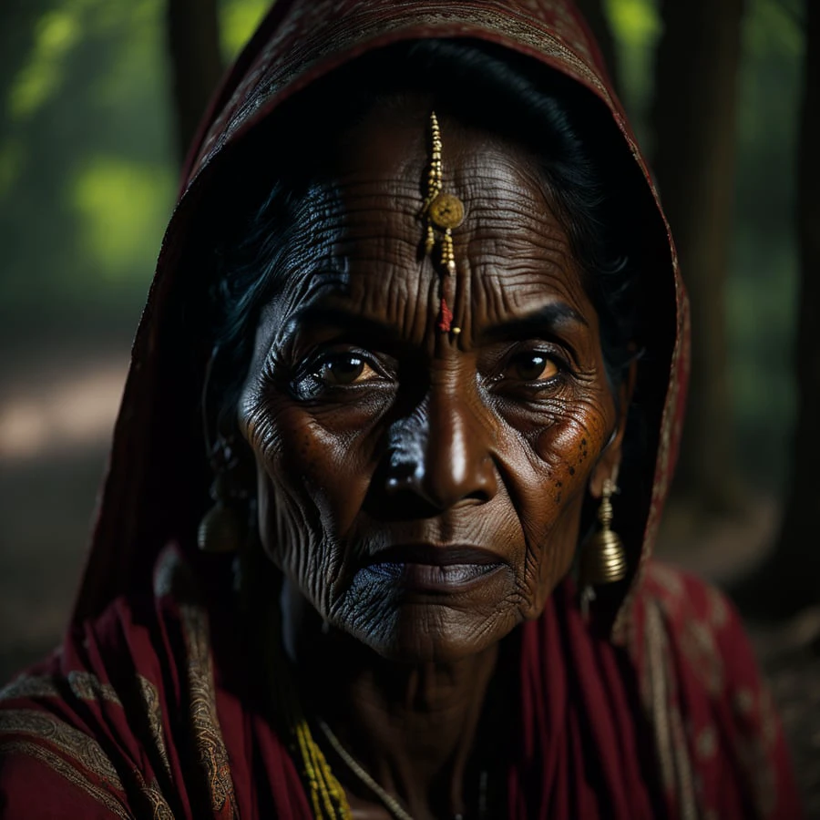 portrait oF an indian village woman in Forest in Himachal pradesh, clear Facial Features, 電影, 35mm 镜头, F/1.8, 重点照明, 全局照明