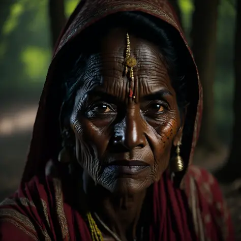 portrait of an indian village woman in forest in Himachal pradesh, clear facial features, Cinematic, 35mm lens, f/1.8, accent li...