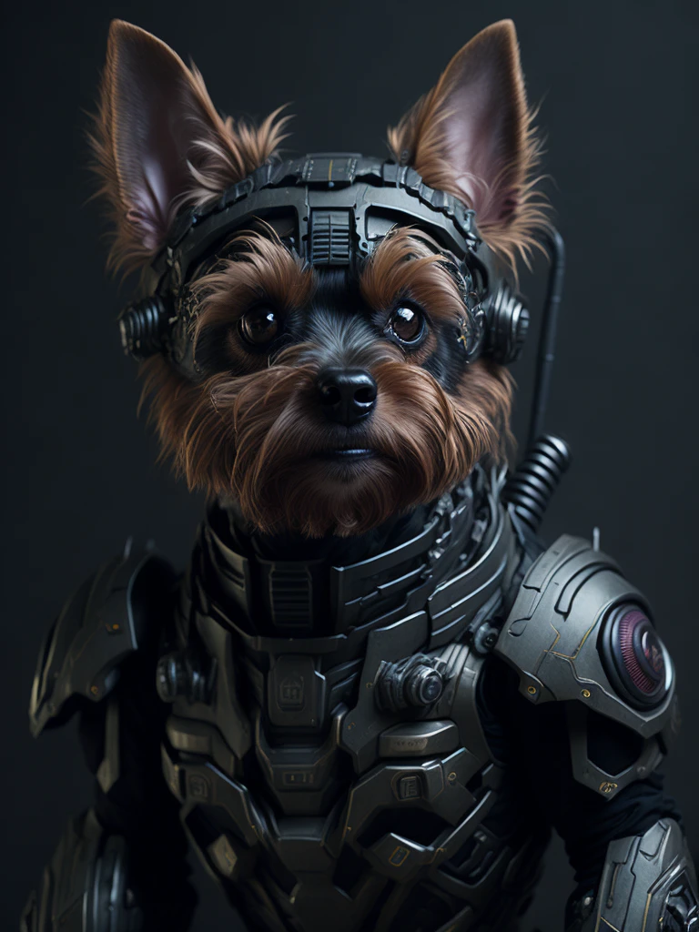 Un Yorkshire Terrier (robot) chien comme tueur de malheur, robot d&#39;armure assistée cyberpunk scifi réaliste, portrait en gros plan