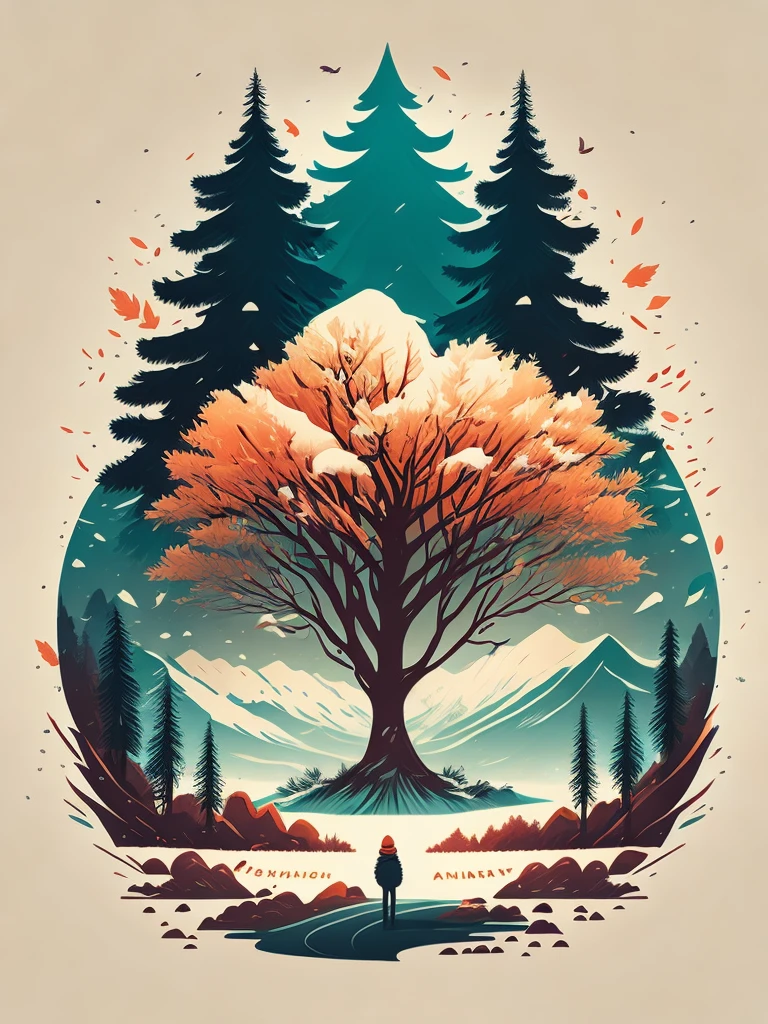 a spruice tree in a winter landscape, tshirt design, rzminjourney, vector-art