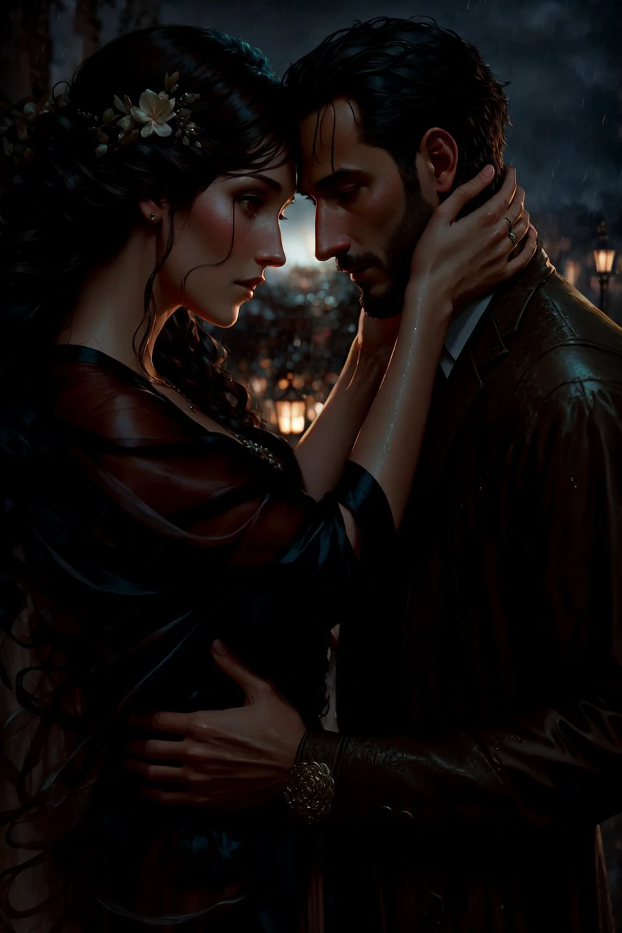 Style-FaeMagic3, (deep shadow:1.2), dark black, night, (masterpiece:1.1), high quality photo of a man and a wife embracing in the rain at (night:1.2), (up close:1.1)( high quality:1.1), gazing into each other's eyes, (romantic:1.1), (wet clothes:1.1), wet skin, (soaked:1.1), , romance, by lee jeffries nikon d850 film stock photograph 4 kodak portra 400 camera f1.6 lens rich colors hyper realistic lifelike texture dramatic lighting unreal engine trending on artstation cinestill 800, deeply in love, embracing, long hair,  evelynnobodysd15,  John Constable, Ed Blinkey, Atey Ghailan, Studio Ghibli, by Jeremy Mann, Greg Manchess, Antonio Moro, trending on ArtStation, trending on CGSociety, wedding,