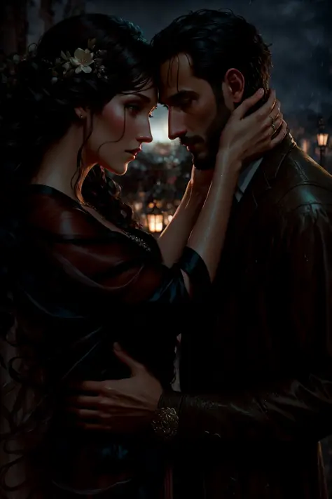 Style-FaeMagic3, (deep shadow:1.2), dark black, night, (masterpiece:1.1), high quality photo of a man and a wife embracing in the rain at (night:1.2), (up close:1.1)( high quality:1.1), gazing into each other's eyes, (romantic:1.1), (wet clothes:1.1), wet ...