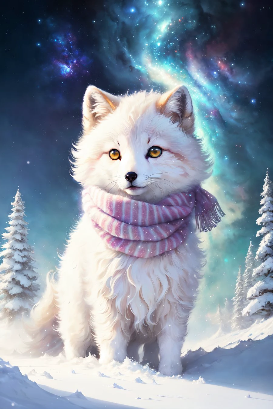 Style-NebMagic, Portrait of a round fluffy cute baby arctic fox with a scarf made of Style-SylvaMagic  in the snow, by Ismail Inceoglu, Gazelli, james jean, Anton Fadeev and Yoshitaka Amano, insanely detailed, 8k resolution, digital art, trending on artstation, Vibrant Colours, chibi style, a masterpiece, adorable friendly lovely