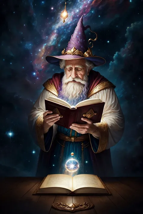 A wizard reading a book with a magic wand and a glowing light - SeaArt AI