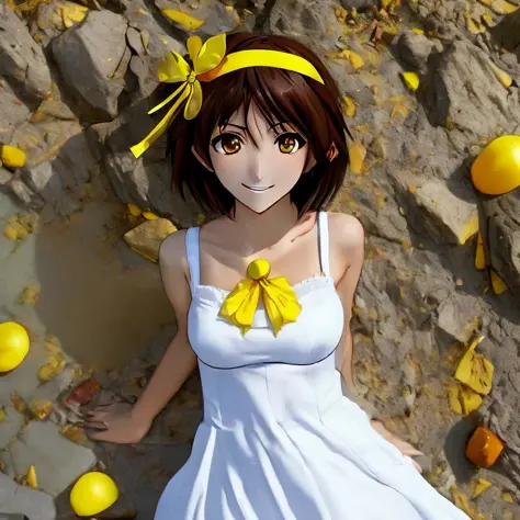 in the style of sks moesharp, anime, masterpiece, best quality, (((haruhi suzumiya))) wearing a yellow headband with a yellow ri...