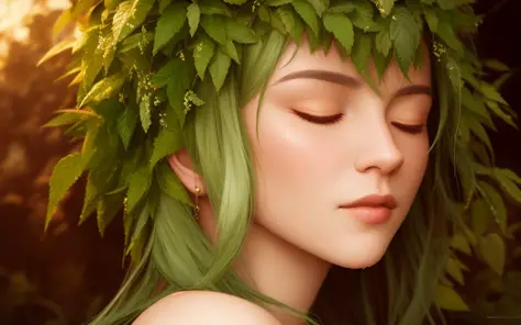 a beautiful portrait of a plant goddess with closed eyes by Greg Rutkowski and Raymond Swanland, wet, Trending on Artstation, ultra realistic digital art