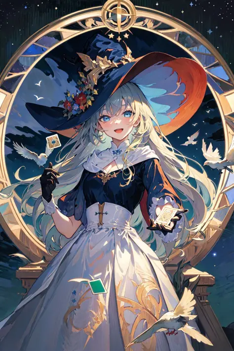 ((masterpiece:1.2, best quality)), 1girl, solo, (witch hat), blonde hair, long hair, dress, aurora, night, star (sky), gloves, s...