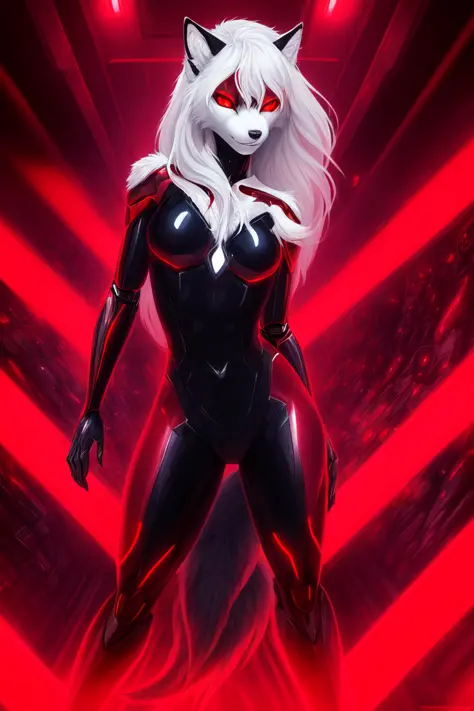 full body shot photo of the most beautiful artwork of wolf girl in hero pose, (red glowing eyes), cybernetic, superhero, detaile...