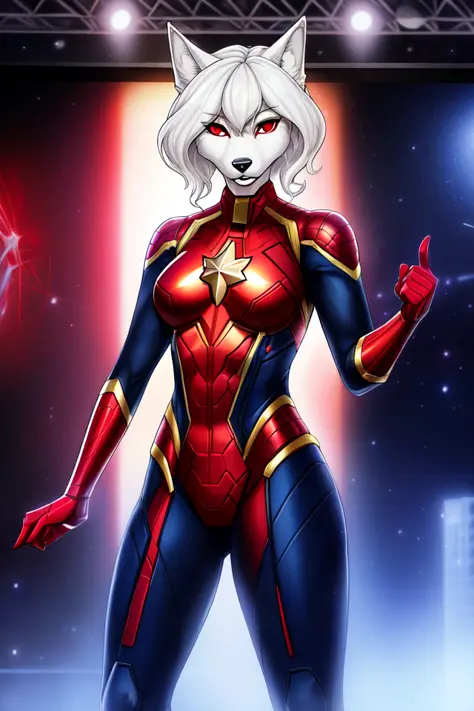 punch pose, full body shot photo of the most beautiful artwork of wolf girl in , (red glowing eyes),  captain marvel ,superhero,...