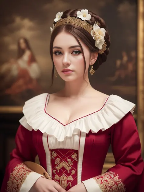 a beautiful england woman wearing traditional wears, (masterpiece), (portrait), (raw photo), (extremely detailed CG unity 8k wallpaper) Intricate, Sharp focus, dramatic, photorealistic art