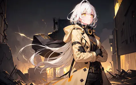 (best quality, masterpiece), (1girl, trench coat, expression face, black yellow eyes, white hair, hood, white gloves, looking away, closed mouth), (less light, full moon, cracked city background, sandstorm, floating debris behind, abandoned place, Yellow d...