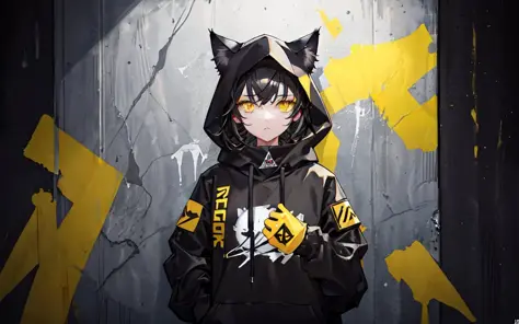 (best quality, masterpiece), (1girl, solo, cat ear black hood, standing, yellow eyes, black hair, leaning, upper body), (less light, black yellow room, Yellow graffiti behind, disorderly spray cans),