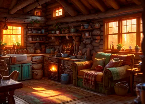 cozy rustic cottagecore living room, soft focus, bright warm lighting, volumetric lighting, vivid colors, masterpiece, trending on artstation, highres, stovetop, countertops, wide composition