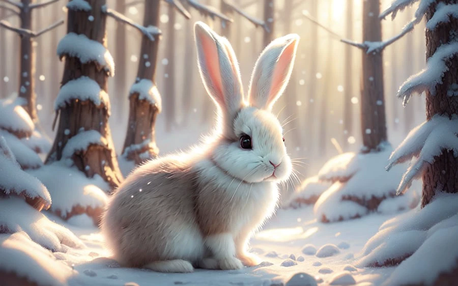 ein süßer Hase in einem Wald, sanfte Farben, winter, atemberaubend, digitale Zeichnung, Realistisch, Meisterwerk, volumetrische Beleuchtung