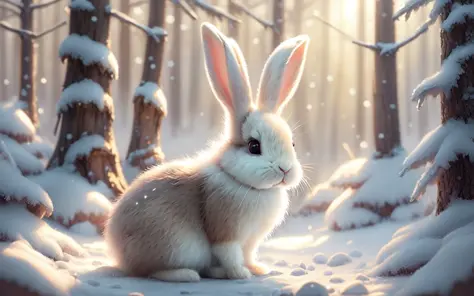 a cute bunny in a forest, soft colors, winter, breathtaking, digital painting, realistic, masterpiece, volumetric lighting