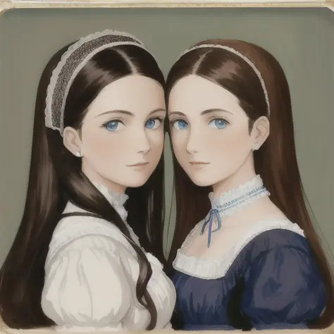 portrait of a two young women, sisters, dark brown hair, blue eyes, looking at viewer, victorian dress, H.R. Millar