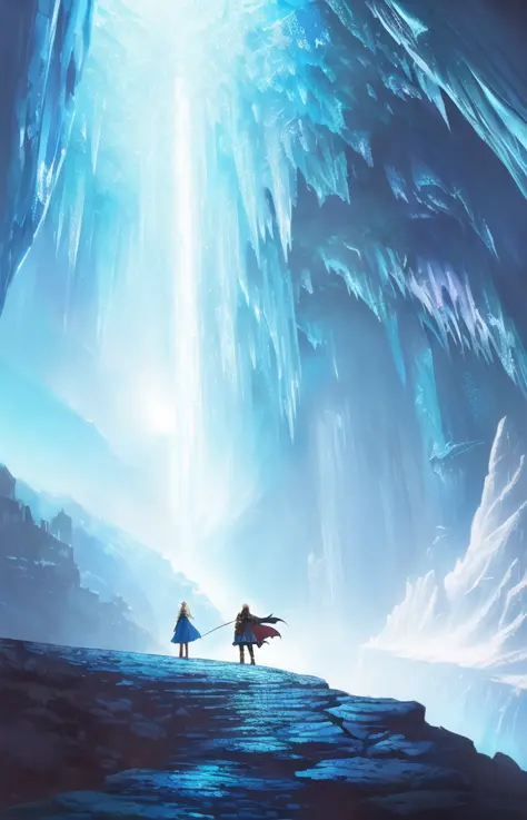 masterpiece, best quality, ((stunning fantasy action scene)), magical, inside ice cave, frozen path, ice walls, icycles, complim...