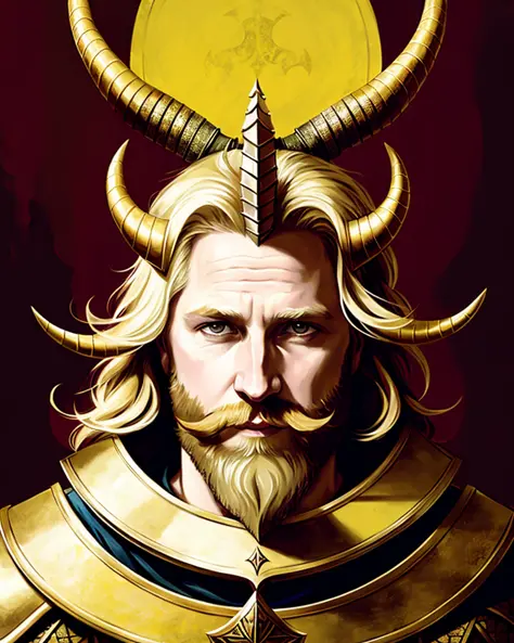 Porträt Asgore Dreemur, königlicher Ziegenkönig, (blond! Haare und Bart!), Hörner, Plattenrüstung mit Umhang, Dreizack, Mittelrahmen, Meisterwerk der Malerei, Craig Mullins, Greg Rutkowski, symmetrisch, Splash Art