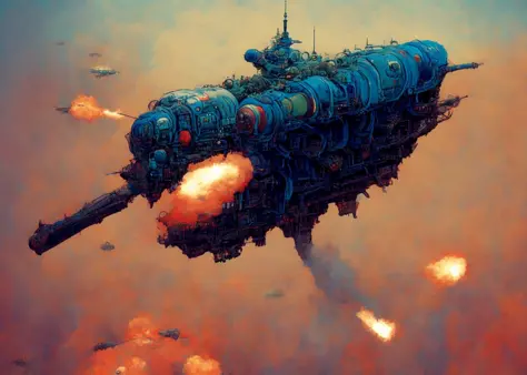 textless, JovianSkyship, jovian-skyship firing broadside artillery, turrets, cannon firing, smoke