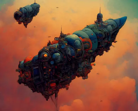 textless, photo of intricate detail heavily armed steampunk JovianSkyship floating high above the orange clouds at sunset against a starlit nights sky (by Cyber-Samurai:1.2)
