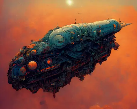 textless, photo of intricate detail heavily armed steampunk JovianSkyship floating high above the orange clouds at sunset agains...