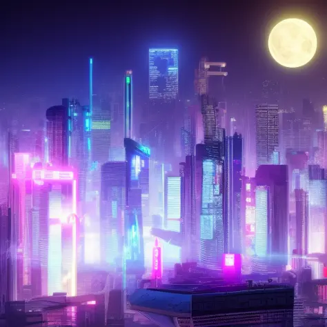 Cyberpunk eine futuristische Stadtlandschaft mit einem Hintergrund in der Nacht mit hellen Lichtern und einem hellen Mond