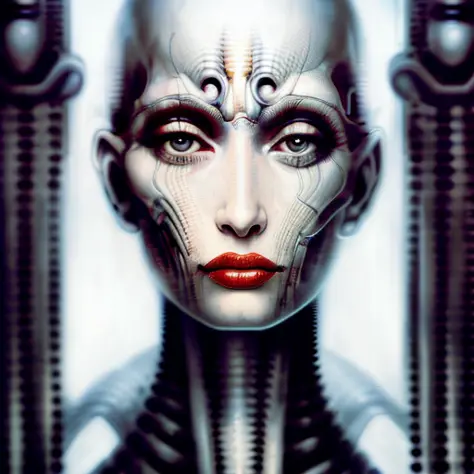 extra long shot portrait of the young sexy woman, red eyes, deathly white skin, a lot of organic [tubes | guts] connect to her head, anatomical organic, 4k hdr ultra sharp, symmetrical composition, artistic artstation, deep perspective, deep depth of field, muted pale colors, (hrgiger style:1.2)