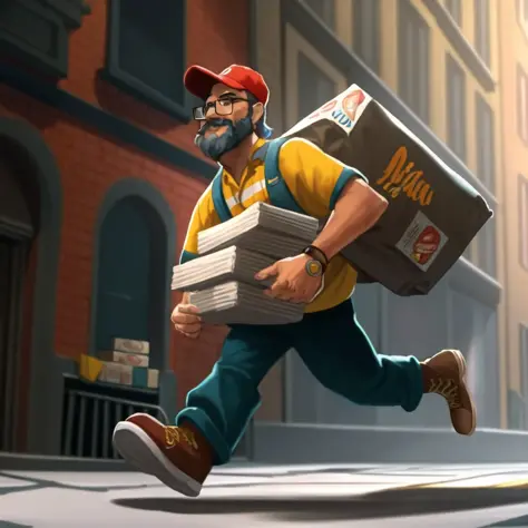 ((Masterpiece)) (Illustration:1.3) 1male, 60 year old Pizza Delivery Guy wearing a red hat and a glasses and yellow tshirt with ...